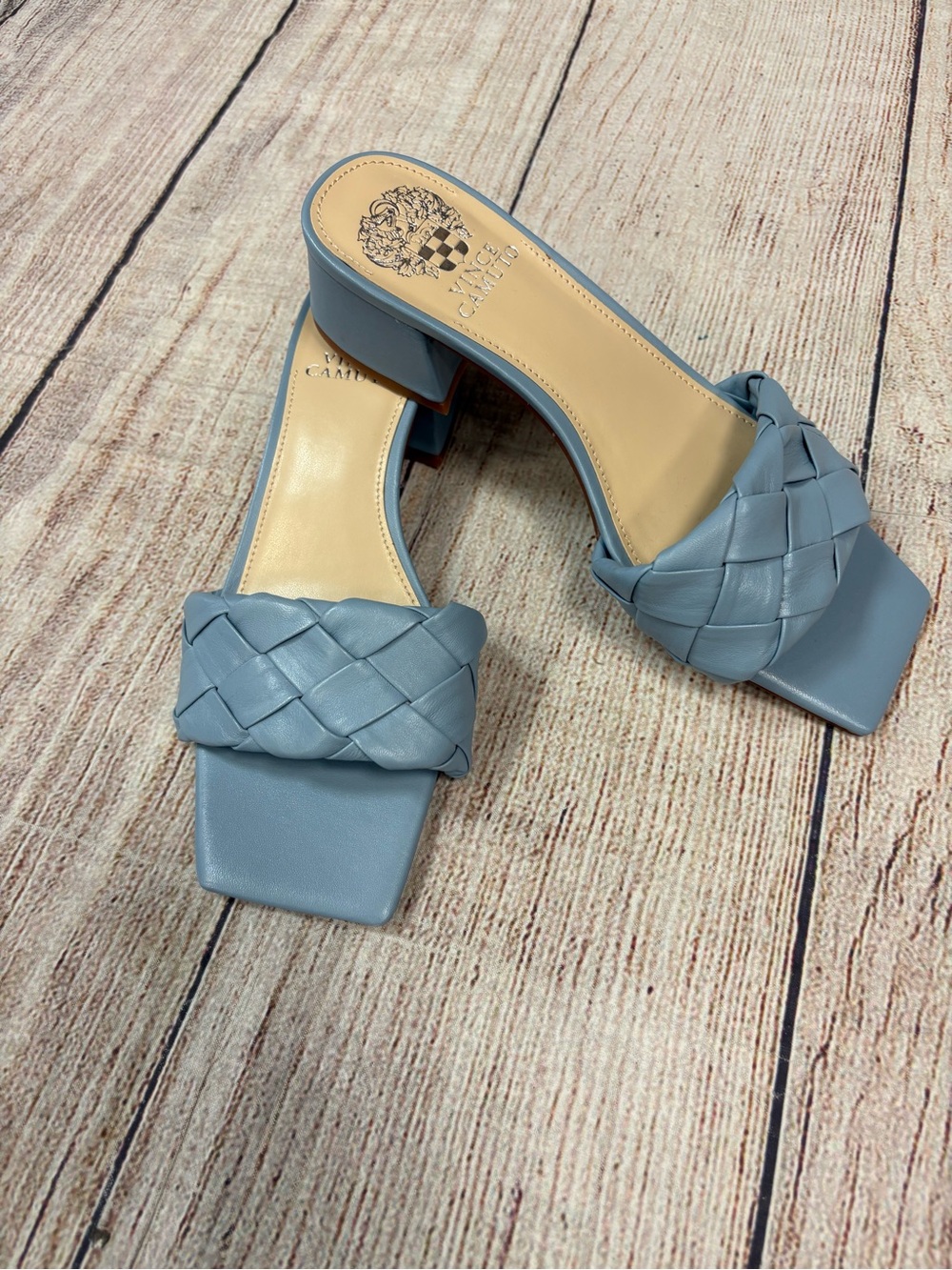 😍 Vince Camuto Woven Square-Toe Slide Sandals - Dusty Blue